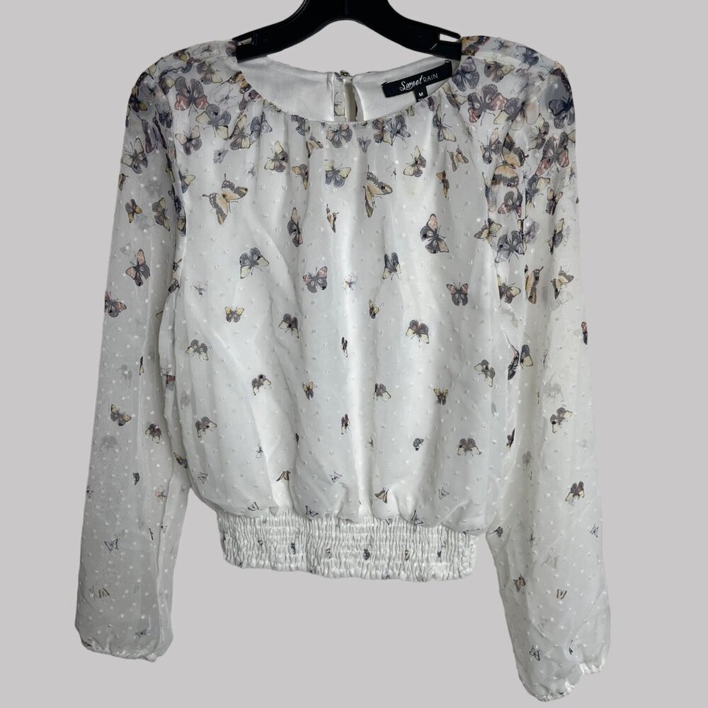 Sweet‎ Rain Womens M White Lined Butterfly Print Smocked Waist Sheer Sleeves Top